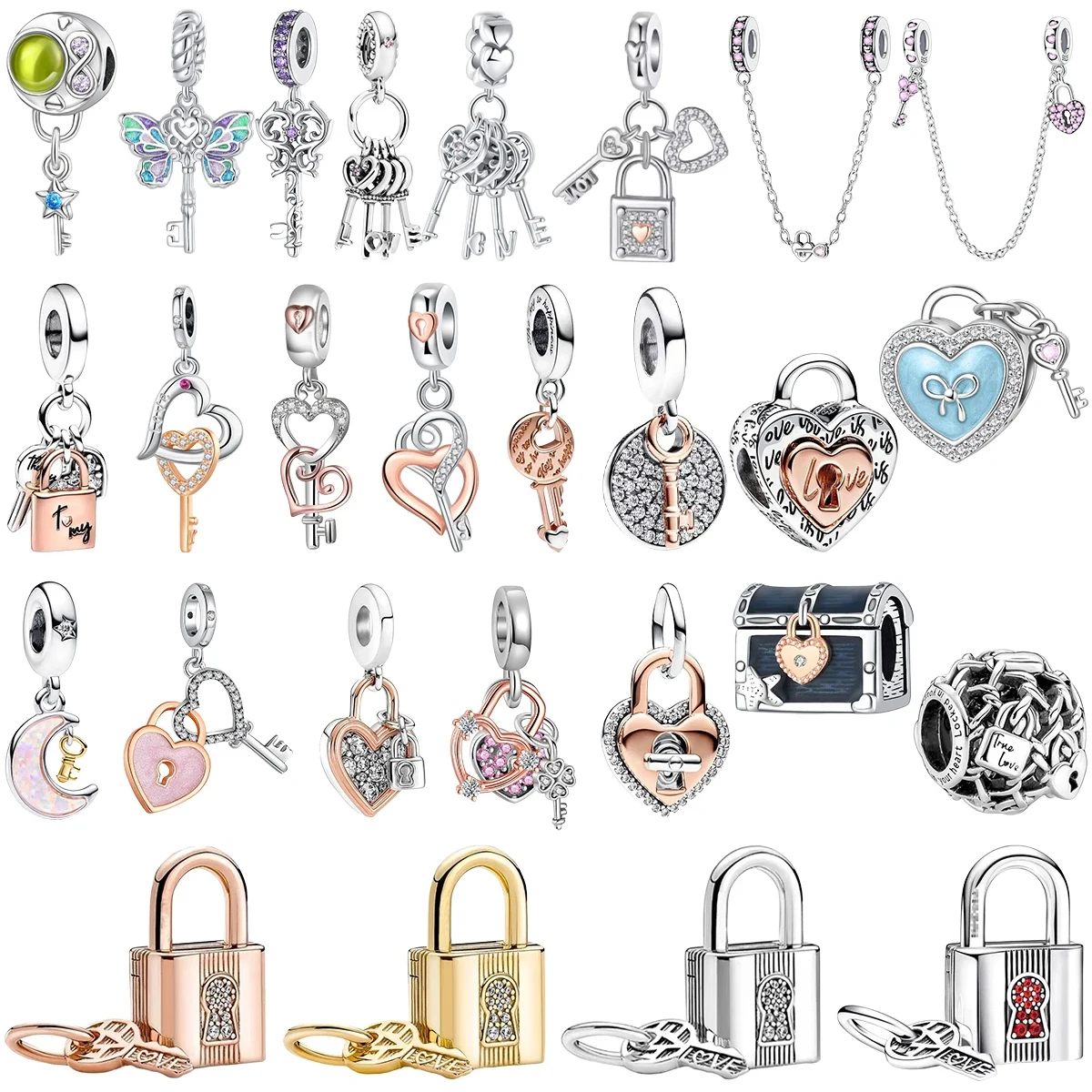 

925 Sterling Silver Metal Lock Key Charms Pendants Heart Shaped Keychain Padlock Beads Fit Bracelet Dangle Jewelry DIY Gift