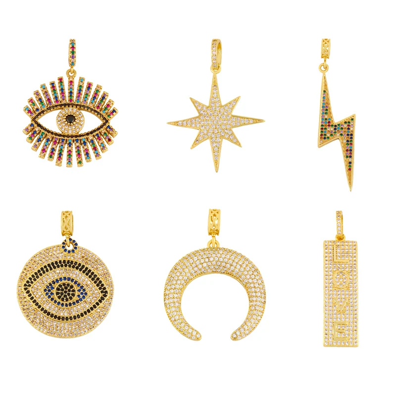 FLOLA Gold Plated Fatima Hand Evil Eye Necklaces for Women Copper Zircon Horn Lightning DIY Necklaces Jewelry Making Gift nkeq81