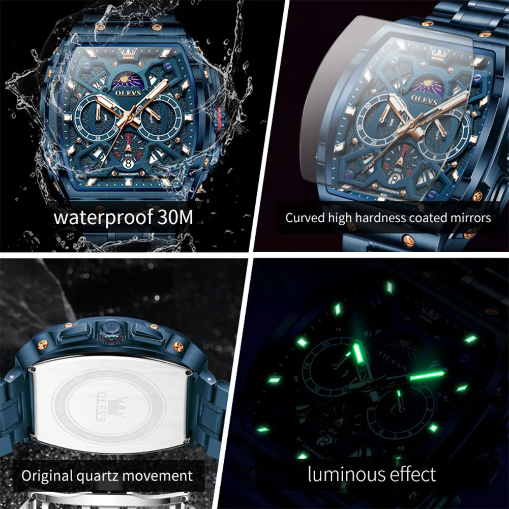 OLEVS Men's Watches Stainless Steel Tonneau Dial Moon Phase Waterproof Chronograph Wristwatch Original Quartz Watch for Men 2942 view 5