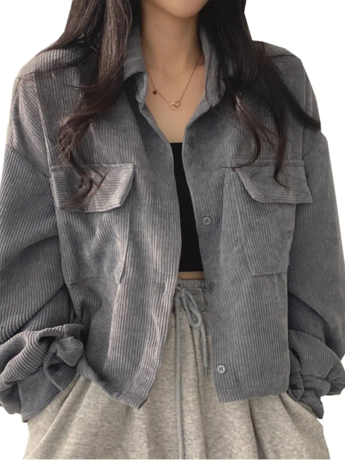 2025 Autmn Women's Shirt Jacket French Retro Single Breasted Collared Corduroy Long Sleeve Short Stylish Outerwear