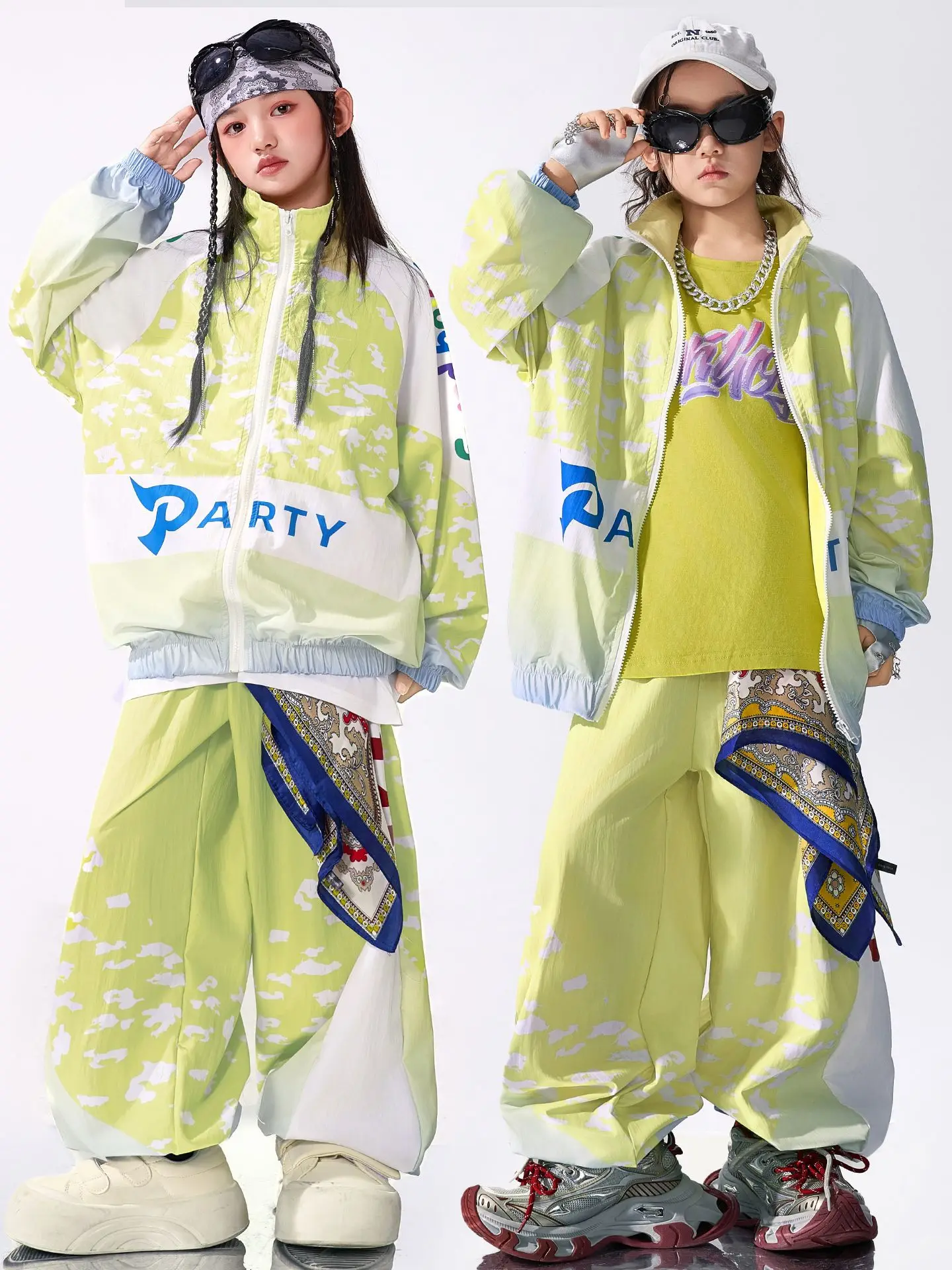 십대 녹색 스포츠 정장 헐렁한 힙합 의류 긴 소매 코트 바지 소년 소녀 가을 겨울 거리 댄스 의상