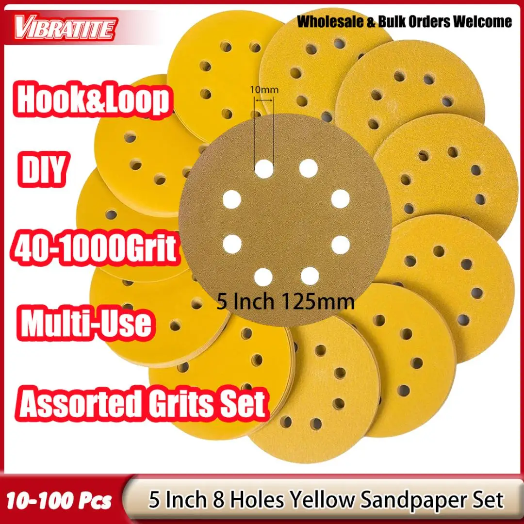 10-100Pcs 5 Inch 8 Holes Dry Sanding Discs Hook&Loop Sandpaper Aluminum Oxide Abrasive Paper for Rotary Tool Wood Metal Wall