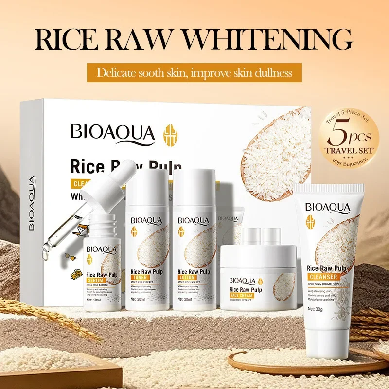 Bioaoua Rice Whitening Skin Care Set, Facial Cleanser+Toner+Essence+Lotion+Cream,Brightening Hydrating Serum,Women Skin Care