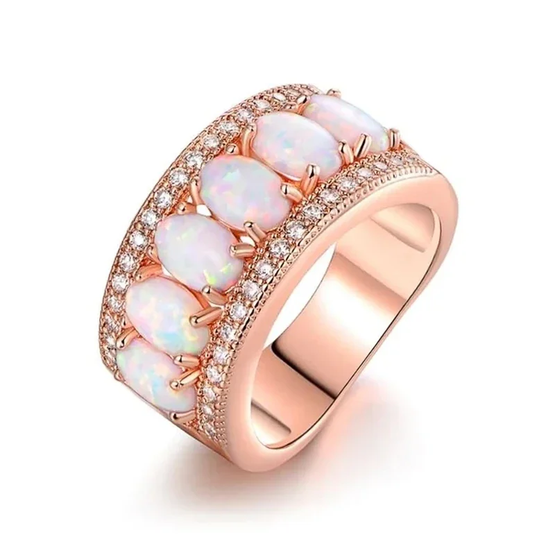 Huitan Gorgeous Imitation Opal Stone Rings for Women Unique Shiny Cubic Zirconia Wedding Band Jewelry Noble Finger Accessories