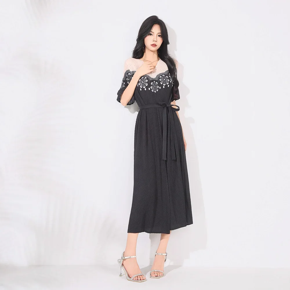

Miyake Pleated Long Dresses for Women Round Neck Short Sleeve Loose Print Color New Fashion Dress 2025 Summer