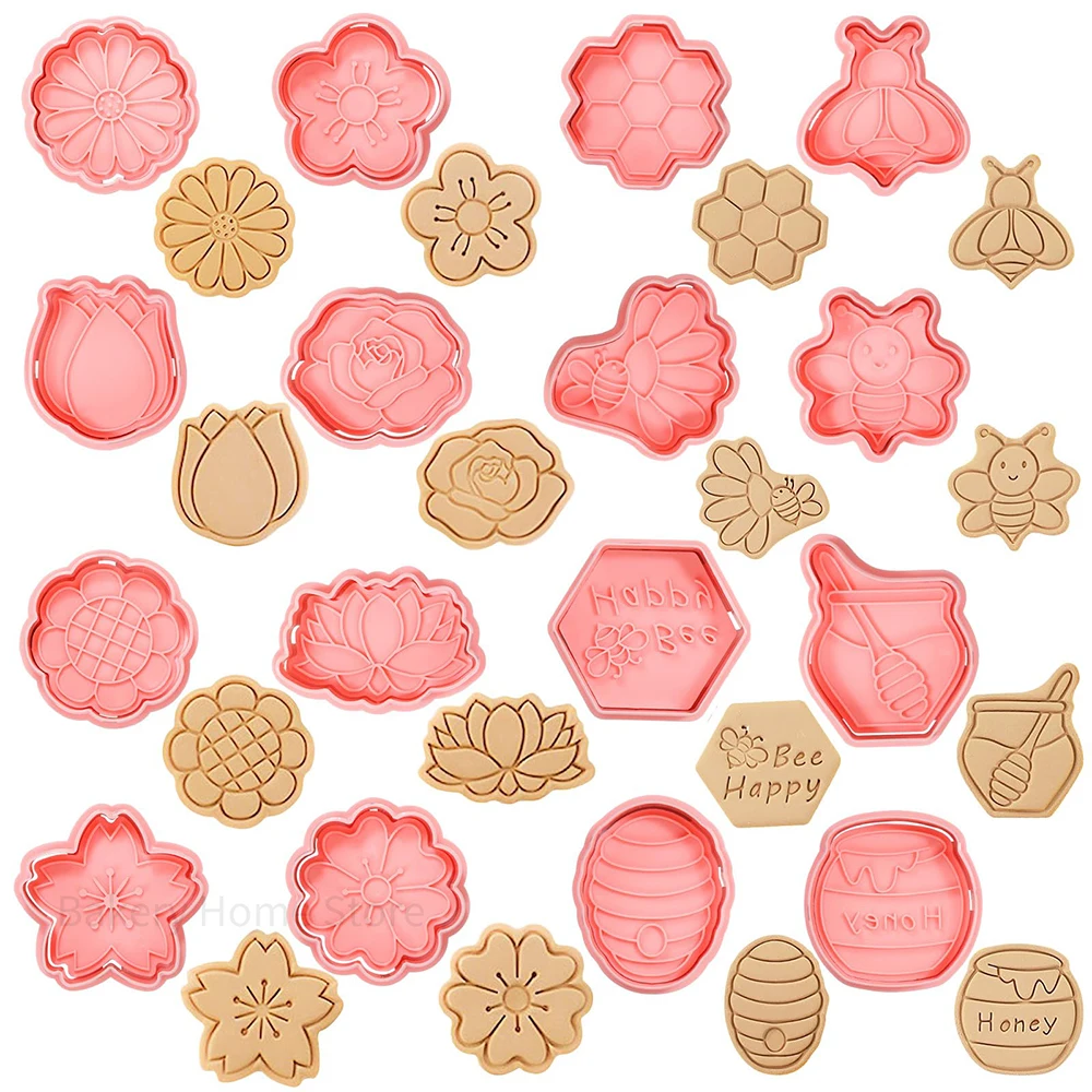 16PCS Bee Flower Cookie Cutters With Plunger Stamps 3D Spring Floral Shapes Fondant Stamps Mould Embossing Cutter Baking Tools