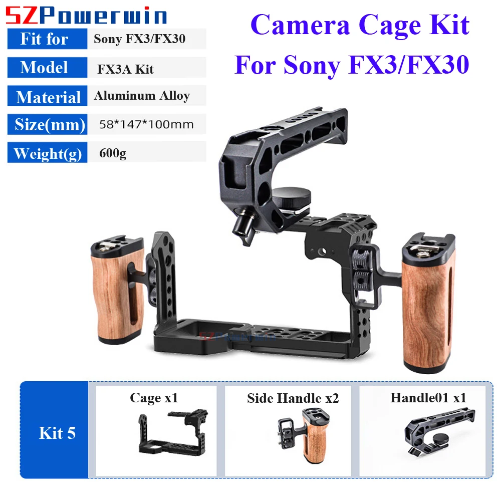 Powerwin For Sony FX3 FX30 Camera Cage with wooden Handle Kit Protective Rig Frame Gimbal Aluminum Alloy Arri Locating Screw
