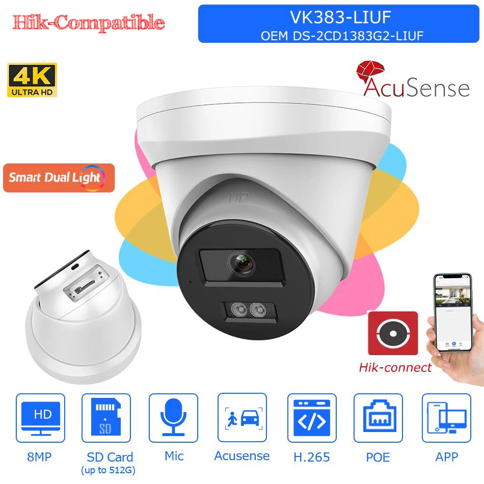 Summer Sale Hikvision OEM 8MP DS-2CD1383G2-LIUF Colorvu IP Camera MD2.0 Hybrid Light MIC SD Card slot Surveillance CCTV Camera