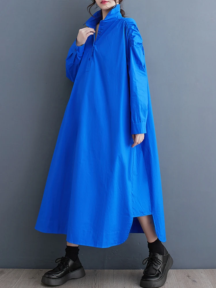 

XITAO Casual Shirt Dress Hollow Out Folds Long Sleeve Dress Loose Fashion Simplicity Solid Color Turn-down Collar Women ZY8653