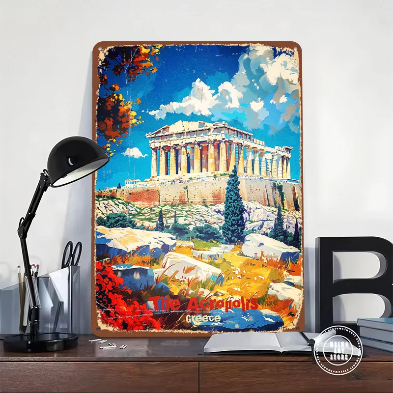The Acropolis Greece Travel Printed Poster Customized Retro Wall Art Vintage Metal Tin Signs for Home Man Cave Garage Decoration
