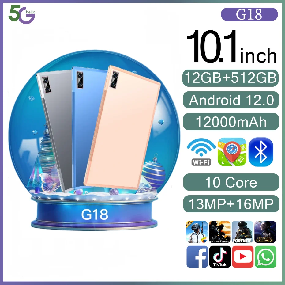 

2024 G18 Tablet 4K HD 12GB RAM 512GB ROM 10.1-inch Android 12 13MP+16MP Bluetooth 5.0 5G Snapdragon 888 Dual SIM Travel Portable