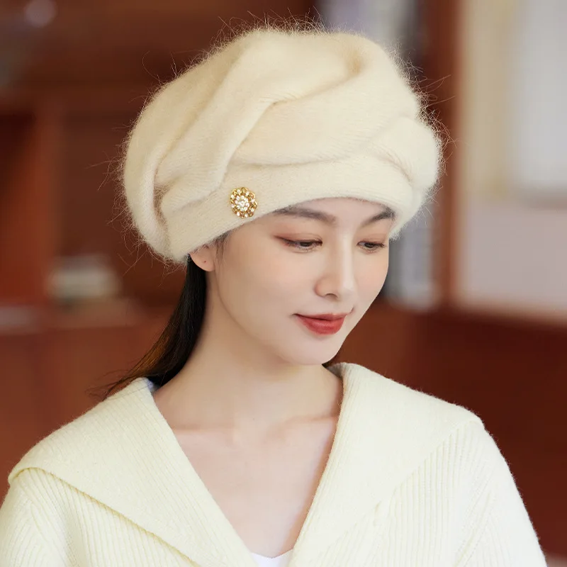 

Beret Women Angora Knit Hat Winter Autumn Double Layers Warm Soft Accessory For Cold Weather Sports Outdoor Holiday Skiing