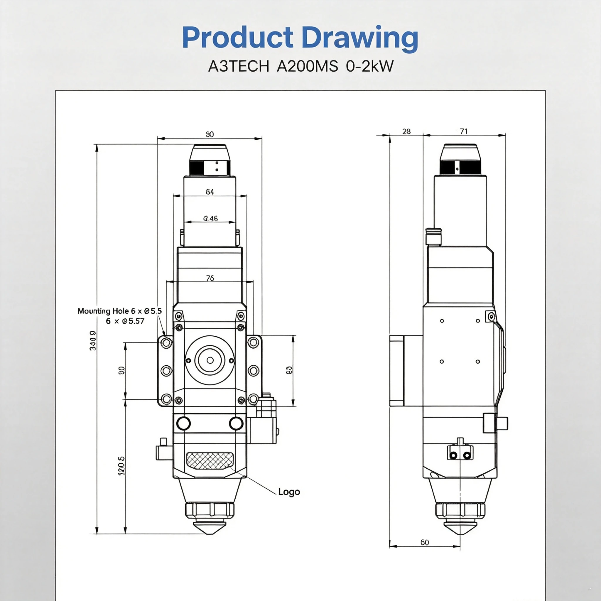 Au3tech A200MS Auto Focus Cutting Head 0-2KW QBH Fiber Cutting Head for CNC Metal Cutting Machine