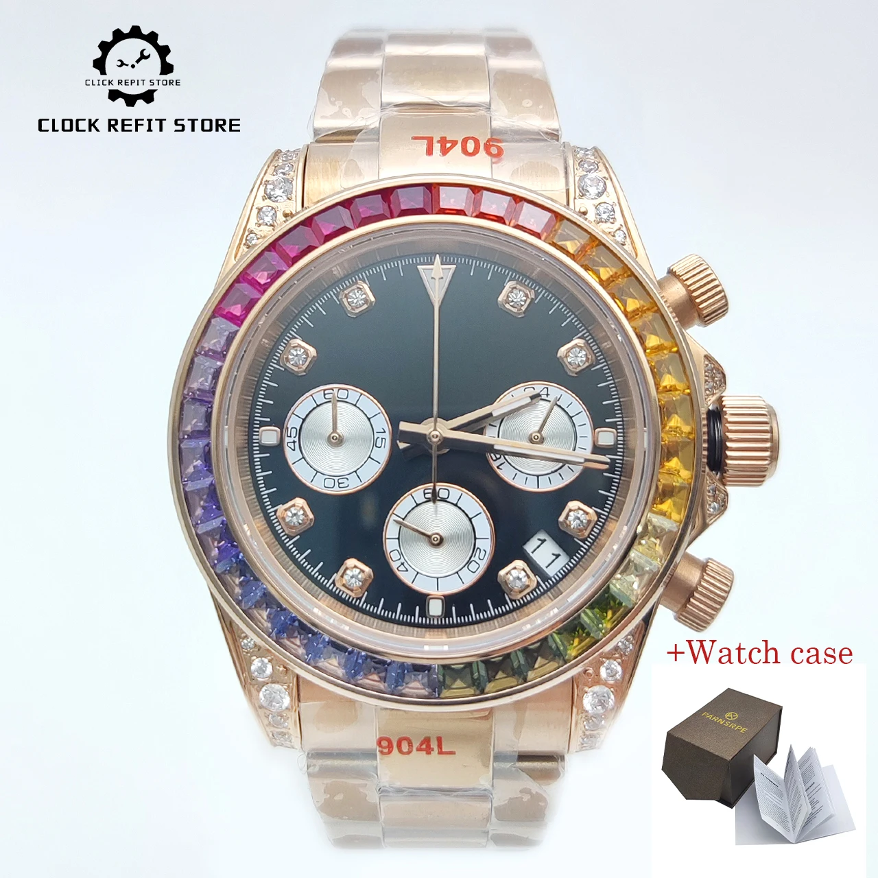 40mm Rose Gold VK63 Chronograph Watch Luminous Waterproof, Colorful Diamond Dial Sapphire Crystal Solid Back Steel Band