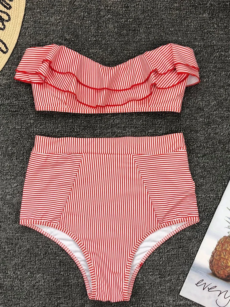 Seksowny niebieskie w stylu Retro z białymi paskami Bandeau z wysokim stanem Bikini damski strój kąpielowy damski kostium kąpielowy damski