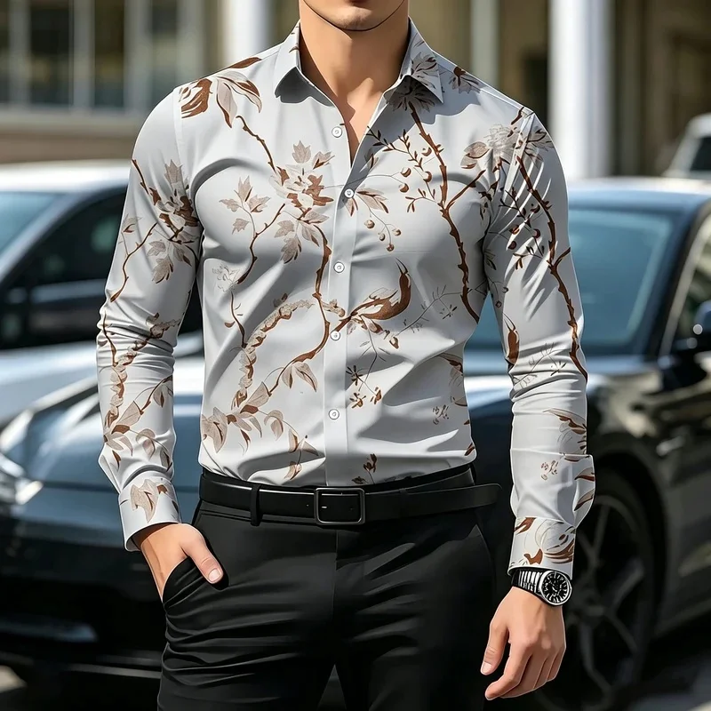 Men's long-sleeved collared shirt, Chinese style floral stretch shirt, slim fit, luxurious cardigan top for commuting and dating