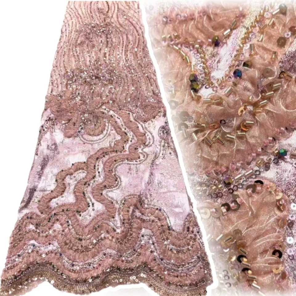 

African Bridal Silk Fabric Embroidered with Applications Sequins and Beads Nigerian French Lace Fabric for Party Gowns SZ1942