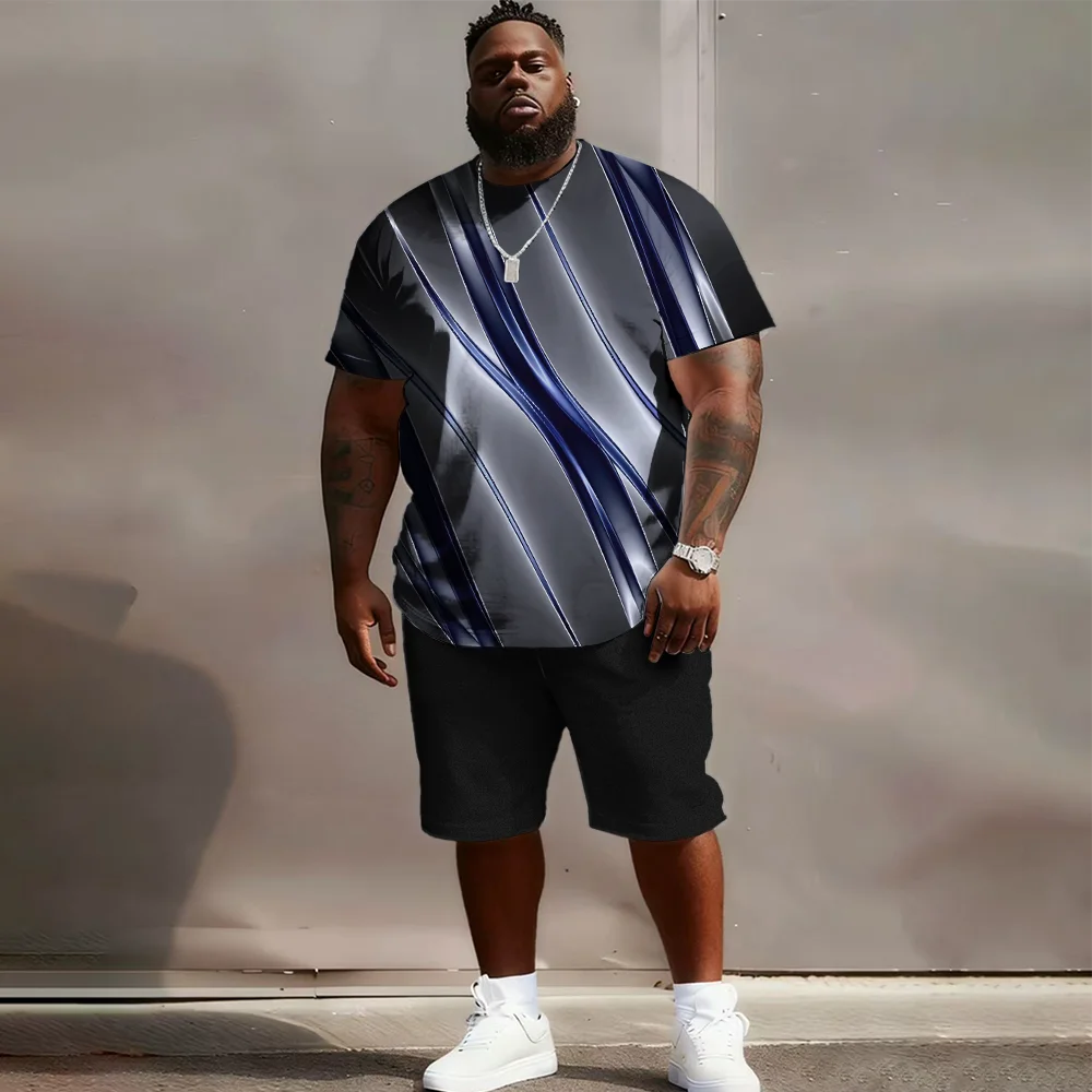 طقم S-9xl مقاس كبير للرجال بأكمام قصيرة: حافة مزخرفة - قطعتين مقاس كبير وطويل، قماش ناعم، نسيج متعرج أنيق