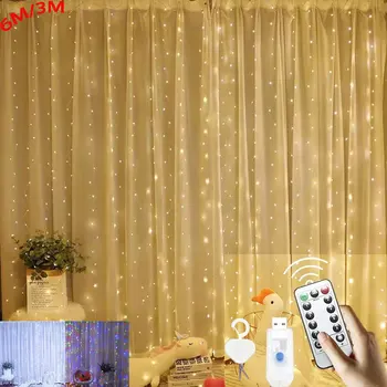 6x3m/3x3m Kranz auf Vorhang USB Power Girlande (mit Fernbedienung) Neujahrsgirlande LED-Leuchten Weihnachtsdekoration