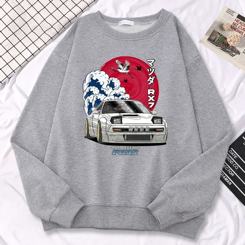 Simple Street Woman Pullovers Japanese Car Waves Crane Red Sun Print Hoody Loose Soft Sweatshirt Fleece Drop Sleeves Clothes