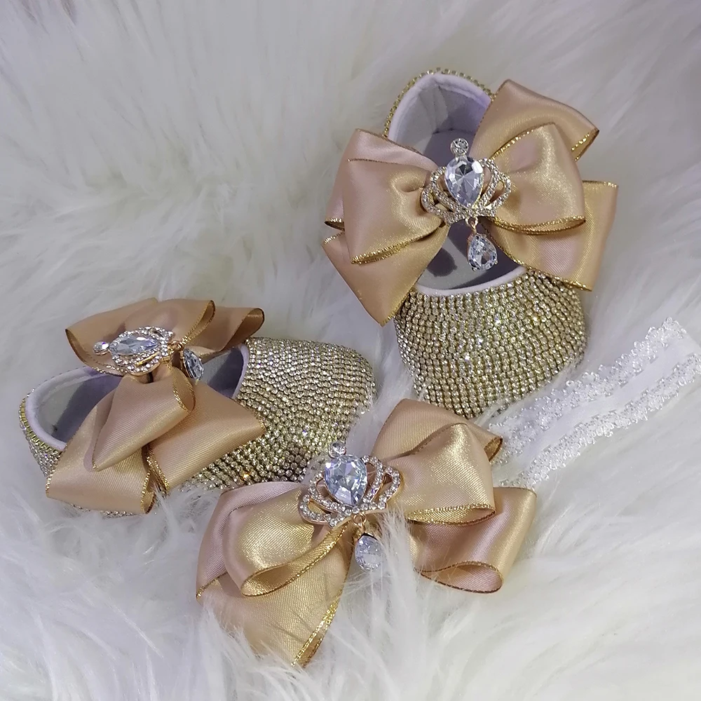 Handmade Bow Rhinestones Baby Girl Kids Shoes Hairband First Walker Sparkle Bling Crystals Princess Shower Gift