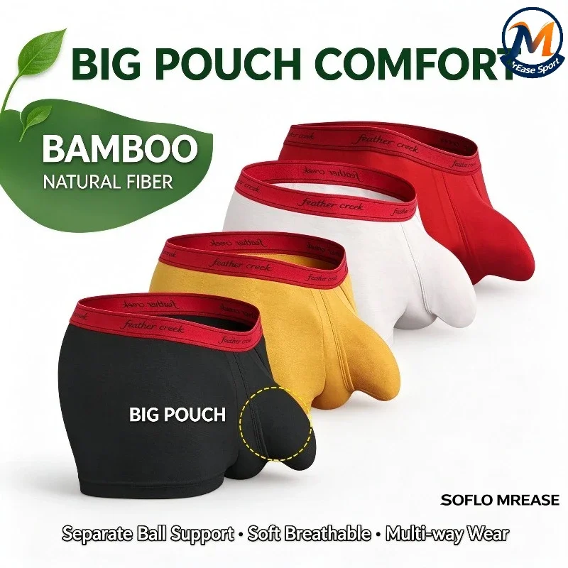 Men's Boxer Briefs Bamboo Fiber Big Pouch Separate Ball Support Sexy Soft Breathable Multi-way Open Fly Daily Underwear