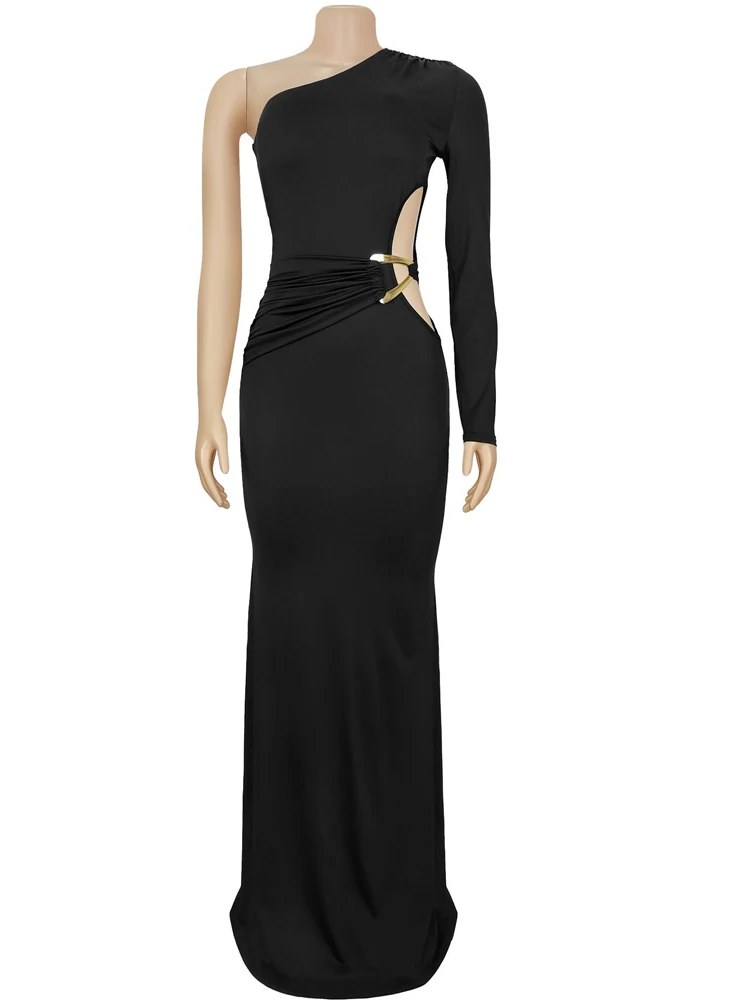 Elegancka sukienka maxi z jednym ramiączkiem i wycięciem, idealna na urodziny, sukienka damska z długim rękawem, metalowe detaliki, sukienka na imprezę, odzież klubowa.