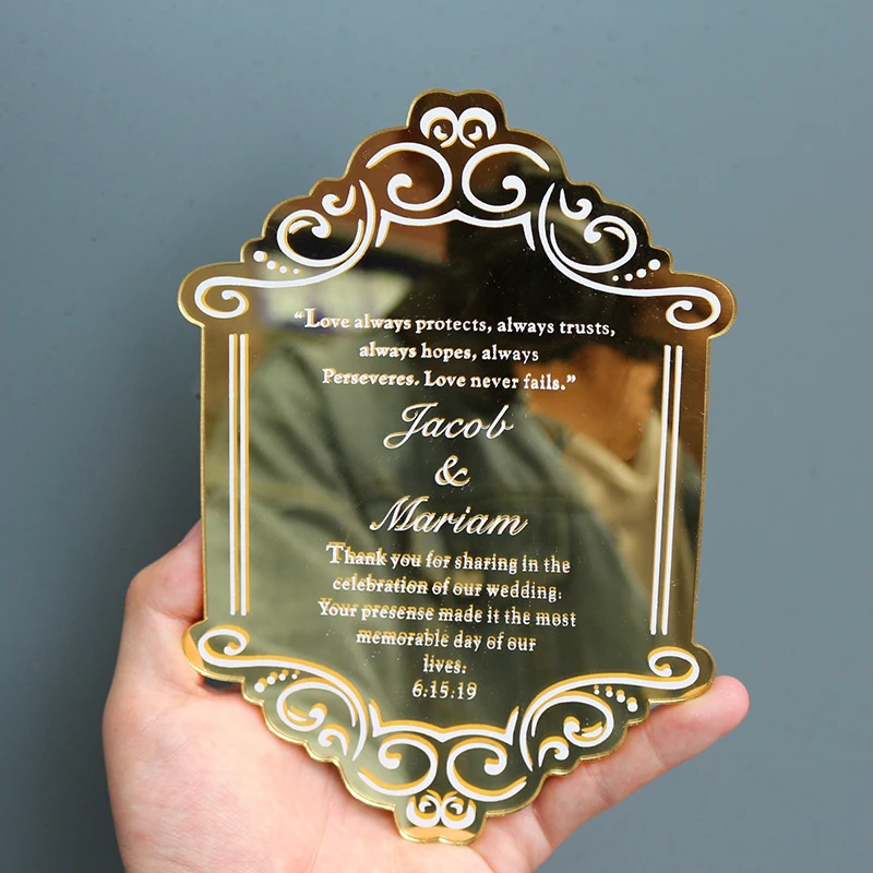 

Custom gold acrylic wedding invitation gold mirror acrylic one-sided print party invitation menu cards