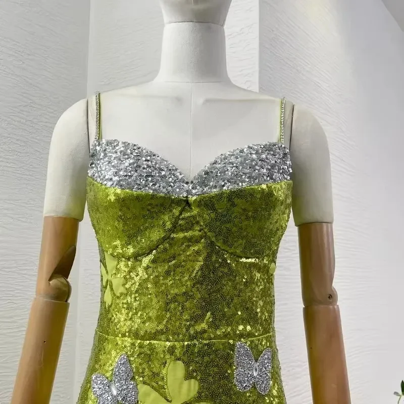 Hoge Kwaliteit Vrouwen Zilveren Vlinders Groen Halter Diamant Nieuwe Mode Dames 2024 Elegante Lovertjes Maxi Jurken Voor Feest