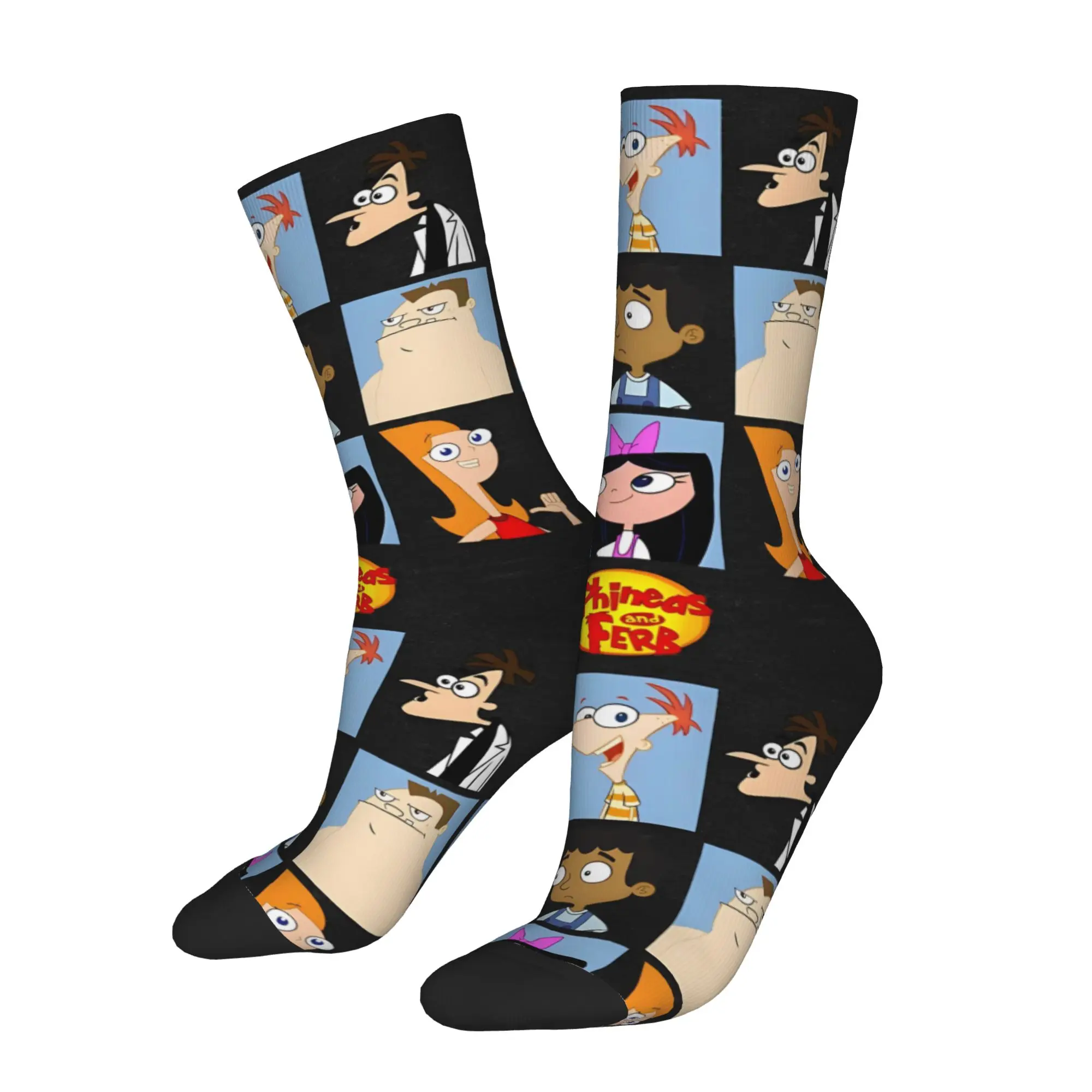 

Забавные носки с принтом персонажей мультфильмов Пирри и Финеса, в стиле хип-хоп, качественные, с узором, мужские носки-круы, оригинальные мужские носки