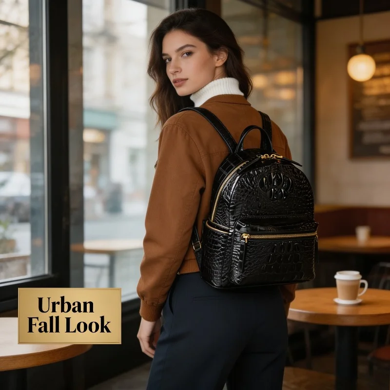 Women Crocodile Embossed Backpack Faux Leather Glossy Surface Gold Zipper Hardware Casual Daily Travel Rucksack