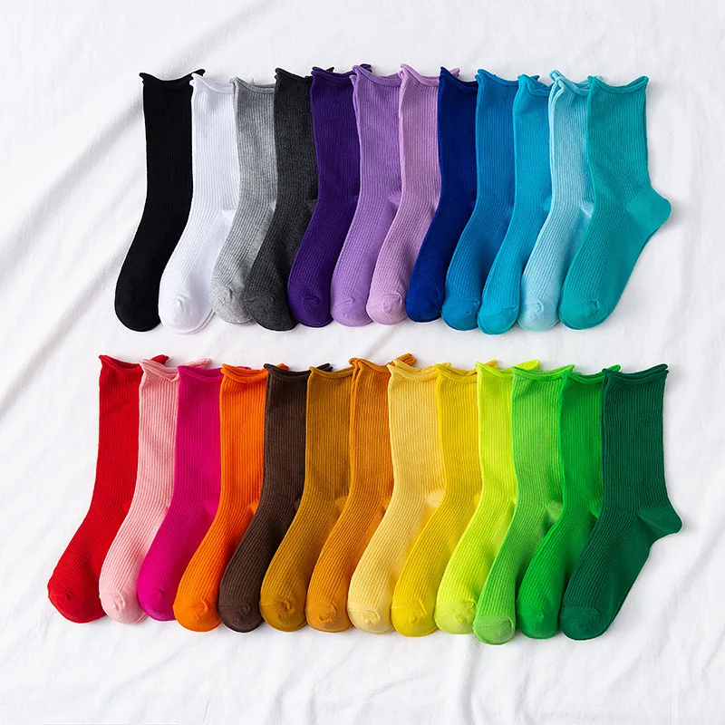 Color Socks Women's Mid-tube Socks Summer Thin Candy Color Rolled Edge Simple All-match Stockings