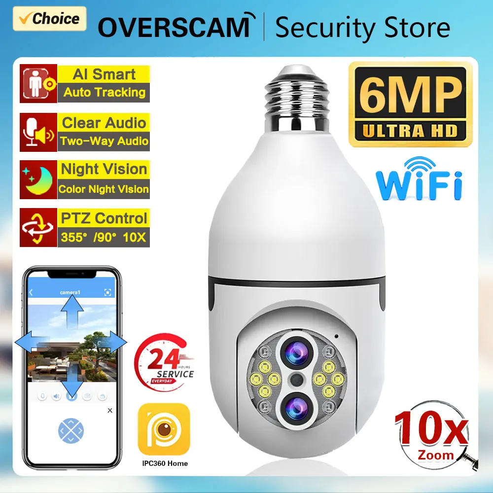 IPC360 6MP HD Dual Lens Wireless Security Camera Auto Tracking 10X PTZ Zoom 360° Panoramic WiFi PTZ IP E27 Light Bulb Camera 3MP