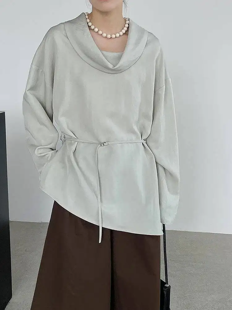 

Женская серая короткая блузка с поясом и нерегулярным подолом, новая рубашка с ворсовым воротником и длинными рукавами, модная весна-осень