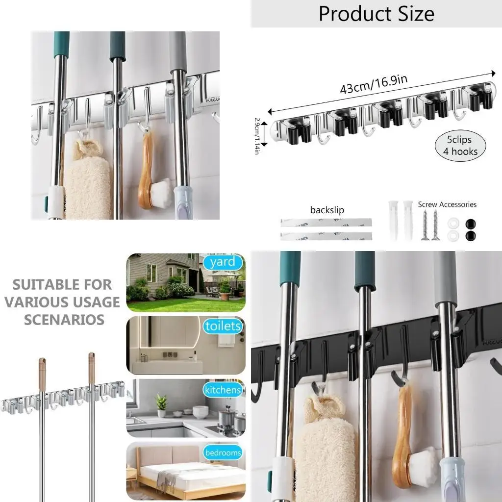 

QX2E Органайзер для хранения метел из нержавеющей стали Прочный органайзер для швабры Настенная стойка