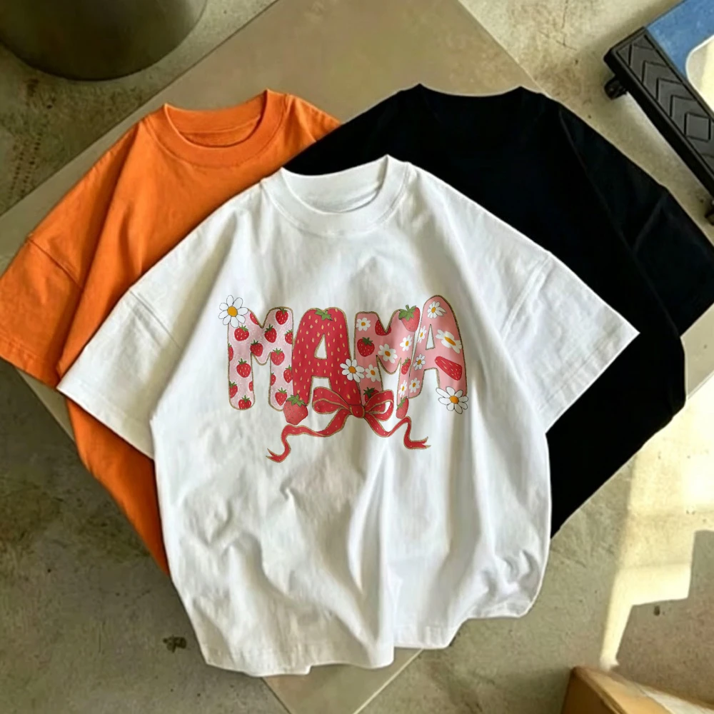 Strawberry Daisy Bow Mama Graphic T Shirt Women Oversized Loose Short Sleeve Tees Soft Cotton Vintage Floral Mom Life