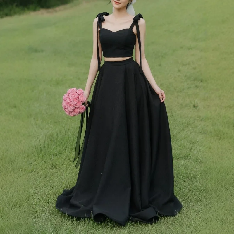 Women Two‑Piece Satin Bridal Gown Korean Style Bow Tie Spaghetti Straps A Line Long Skirt Wedding Dress Custom Color For Bride