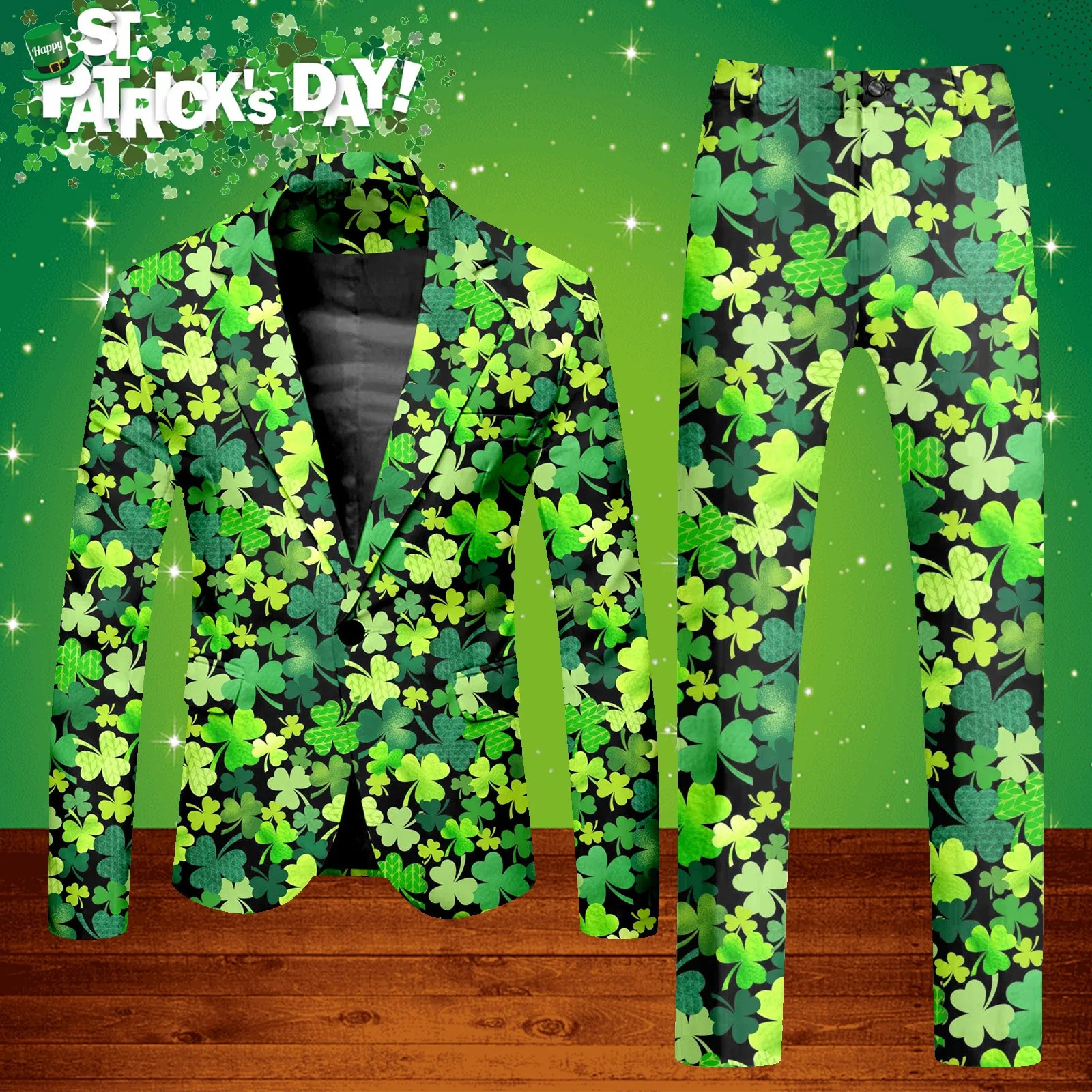 Male Coat And Pants Two Piece Suit Printed Irish National Day St Patrick Day Suit For Holiday Party Green terno masculino