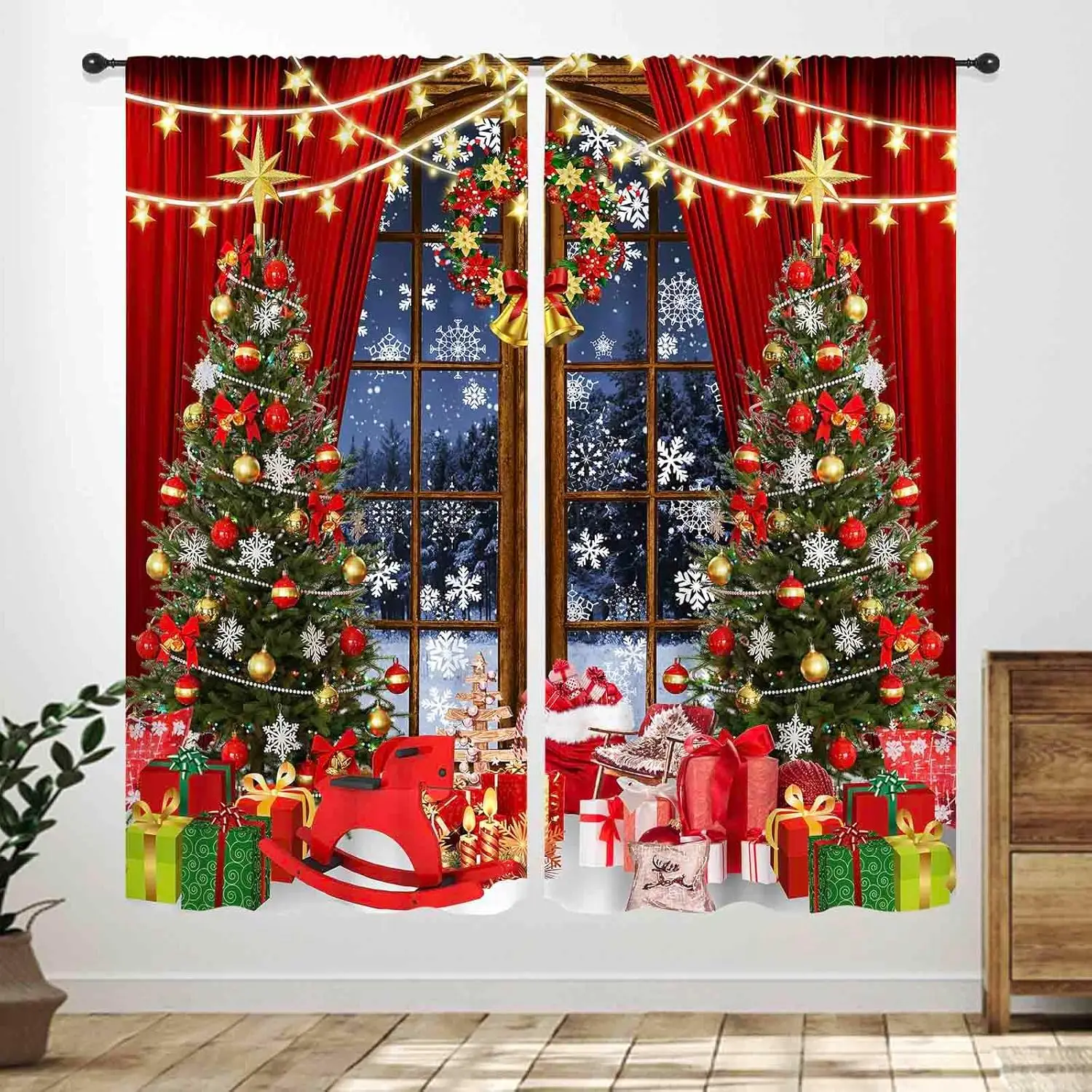 

Christmas Curtains for Living Room,Xmas New Year Winter Snow Forest Snowflake Merry Christmas Holiday Party Window Treatments
