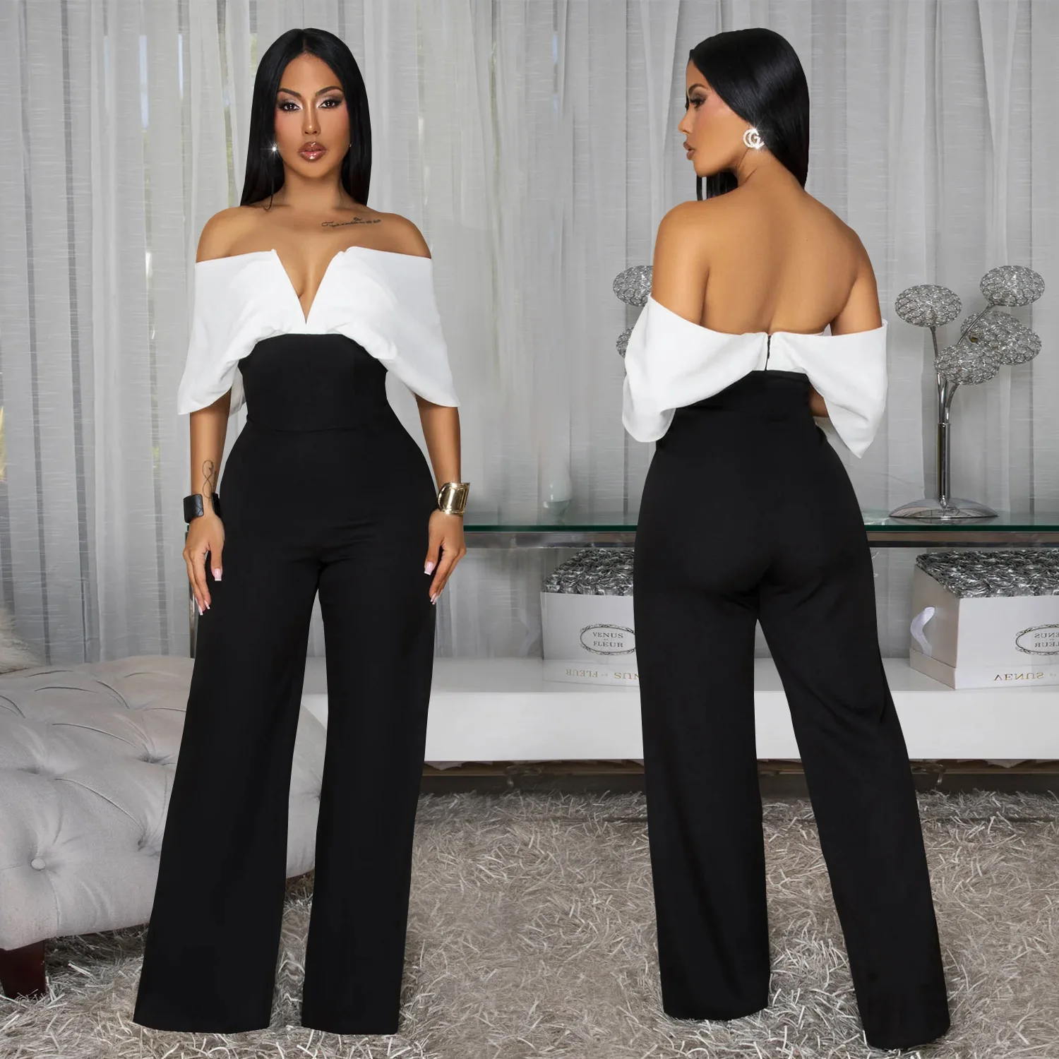 Faionable Women's Casual V-Ne Bal Wide-Leg Jumpsuit High Waist Long Pants Thin Summer Clothes Chinese Production