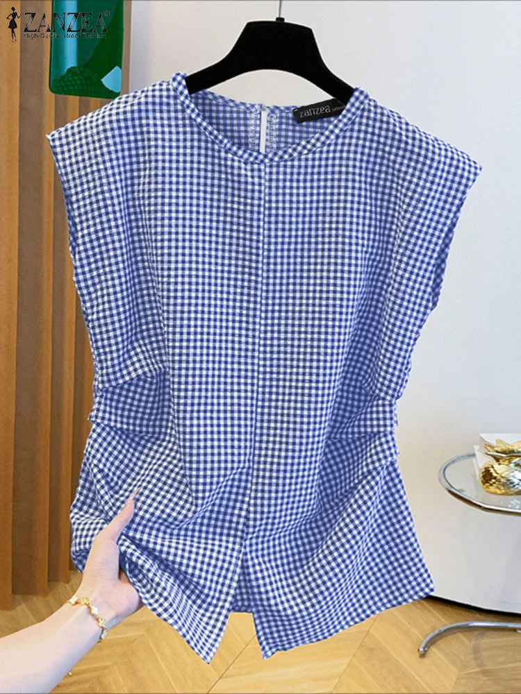 

Fashion Women Tanks Tops ZANZEA Summer Sleeveless Plaid Checked Blouses O Neck Holiday Pleated Shirt Casual Work Tees Oversize
