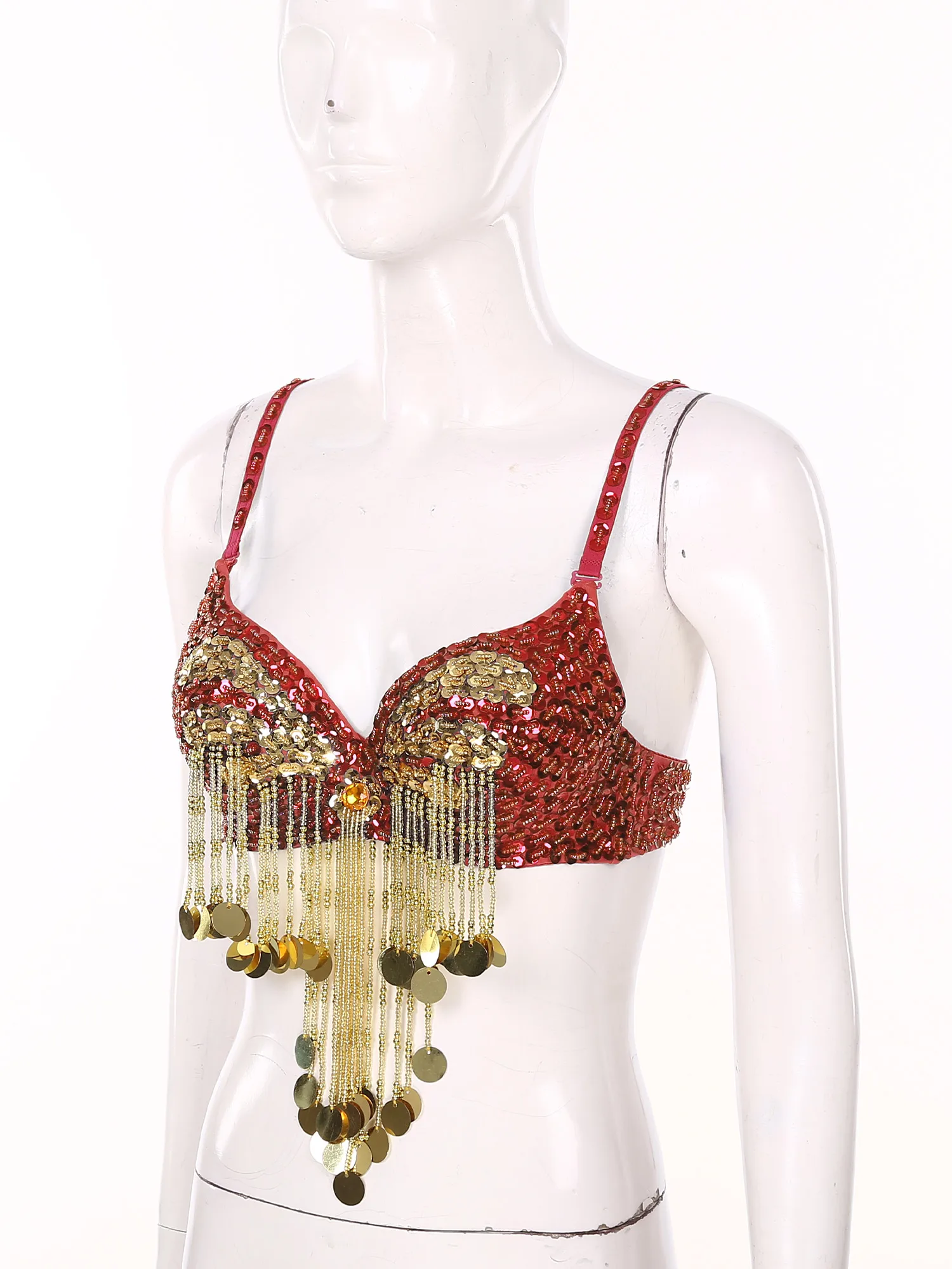 Costume da danza del ventre da donna, spalline regolabili sexy, paillettes lucide, nappe con perline in plastica, reggiseno di carnevale con ferretto