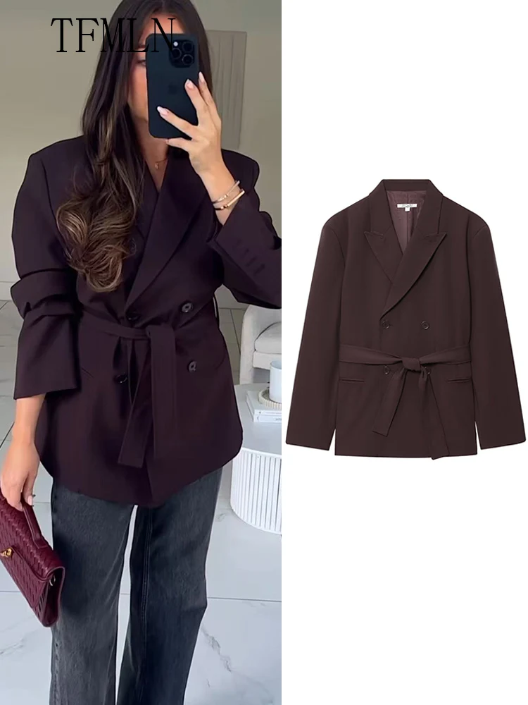 

TFMLN Office Lady Loose Blazer Coats For Women 2025 Autumn Chic Causal Belt Long Sleeve Solid Jacket Fashion Notched Outwear