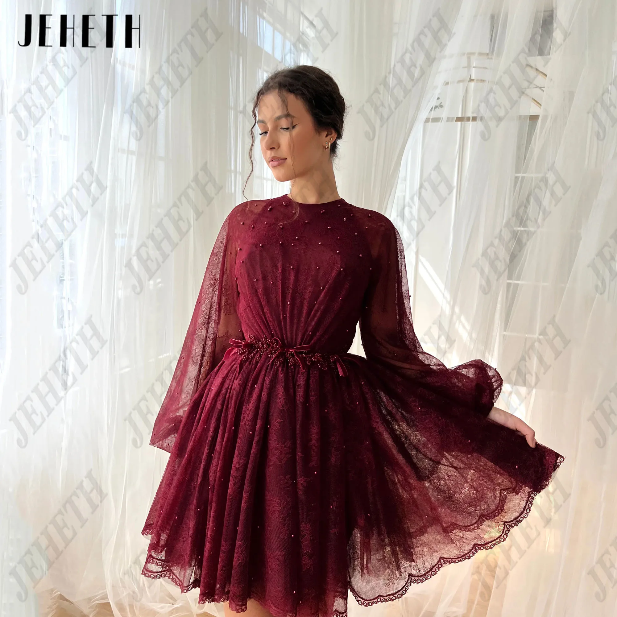 

JEHETH Mini Prom Dresses 2024 Puff Sleeves Beading Lace Evening Party Gowns A Line Burgundy Short Homecoming Dresses With Bow