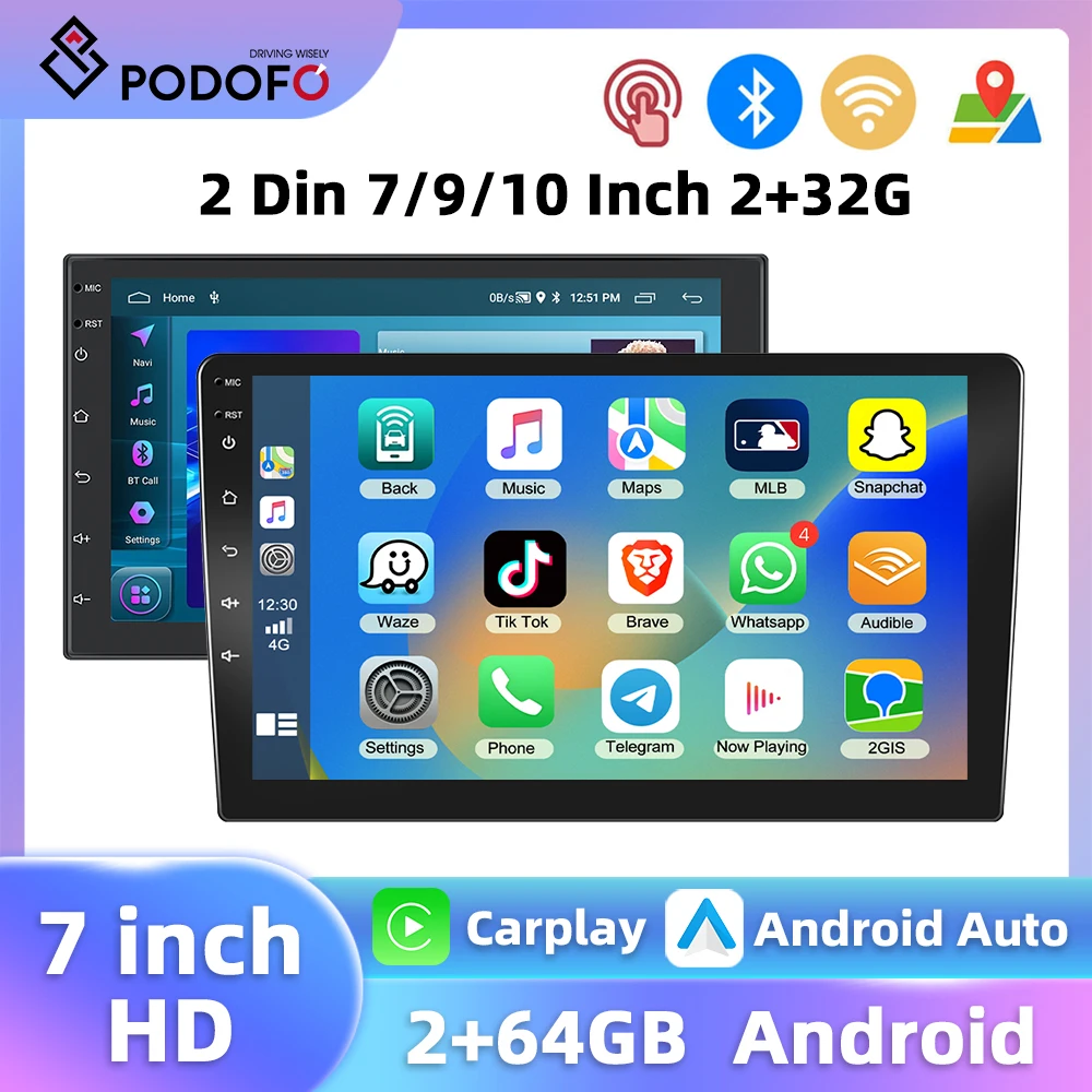 Podofo 2Din Android Car Stereo Radio 7''/9''/10.1'' HD 1080P Carplay Android Auto Mirror Link GPS Navigation BT WIFI Autoradio