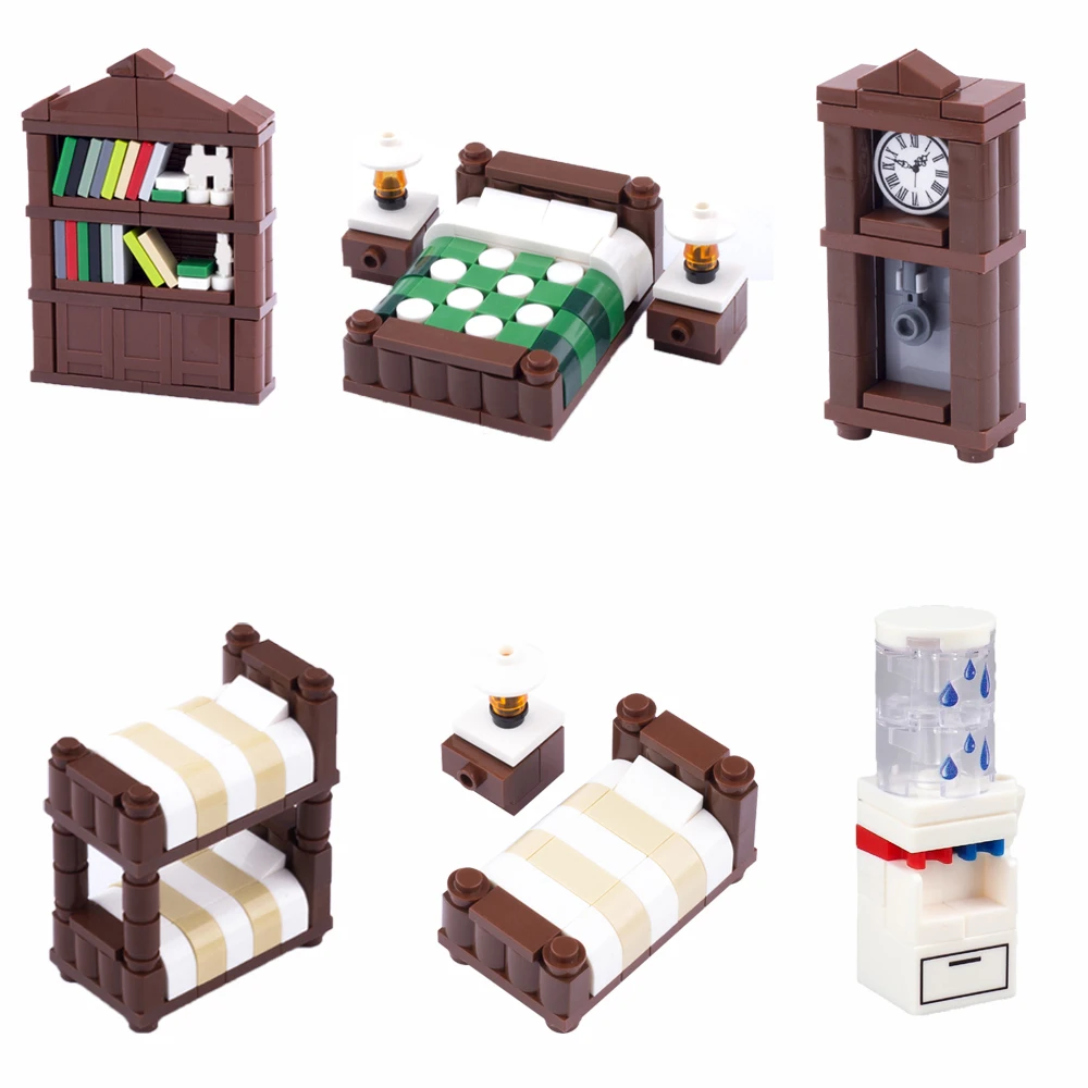 Building Block Furniture House Kit: MOC City Series with bookcase, double bed, bunk bed，Vertical clocks- Creative Toy Gift