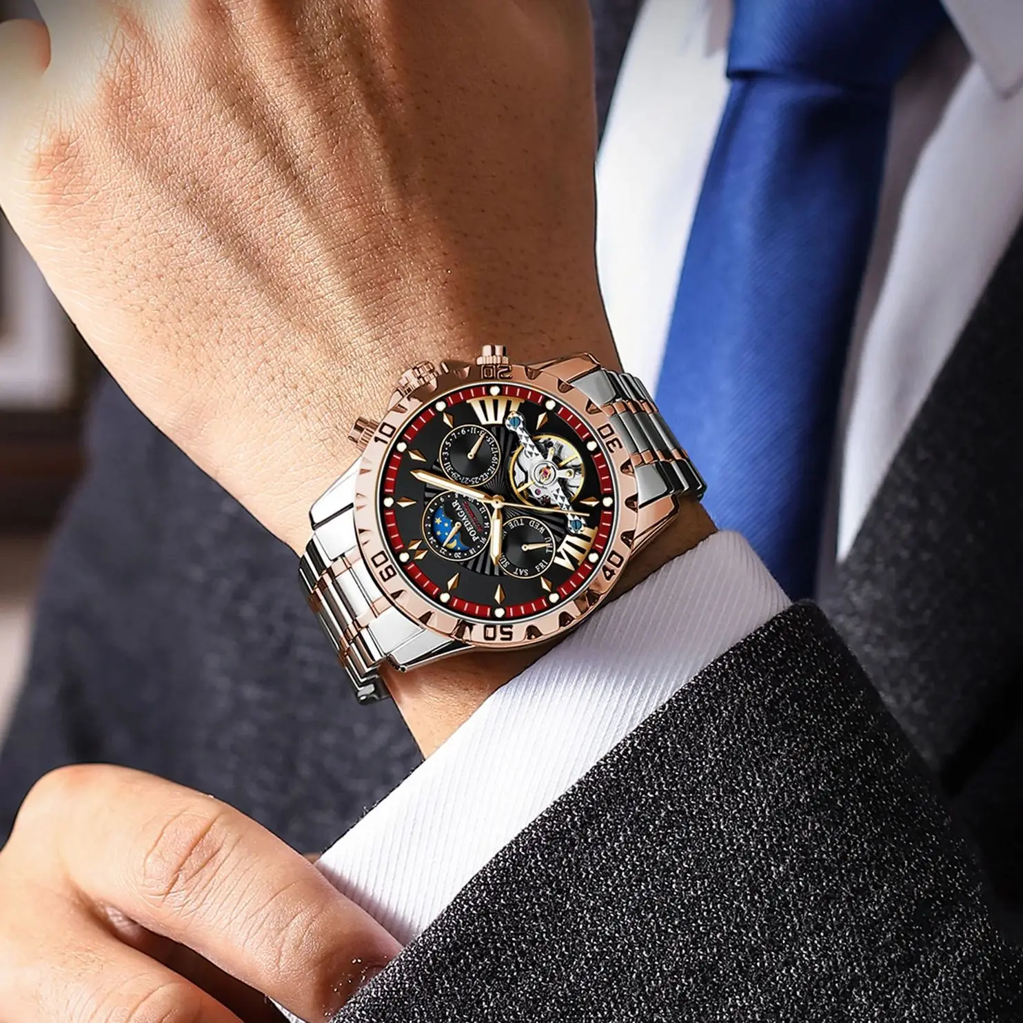 POEDAGAR ساعة رجالية ميكانيكية أوتوماتيكية فاخرة توربيون مجوف مقاوم للماء ساعة رجالية مضيئة تاريخ الأسبوع ساعات رجال الأعمال #5