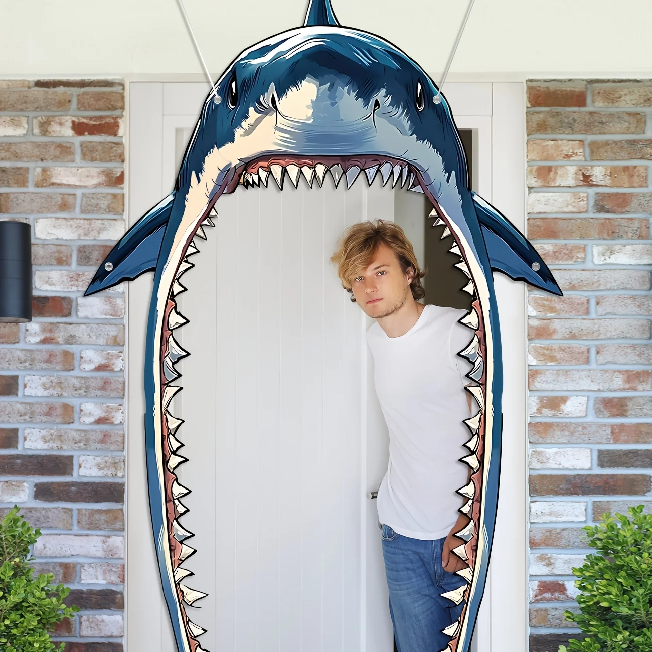 لافتة حفلات بطابع سمك القرش لتزيين باب حفلات القرش، خلفية صورة على شكل حيوانات البحر، غطاء باب القرش لحفلة عيد ميلاد القرش اللطيفة