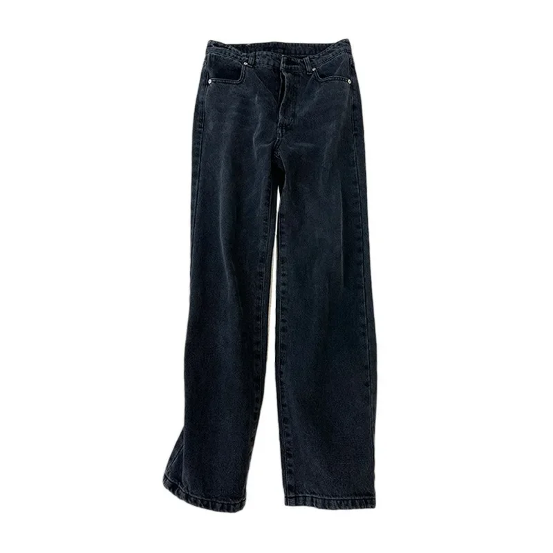 2023 Early Autumn High Waisted Slimming Legs Long Retro Washed Black Denim Straight Pants Jeans