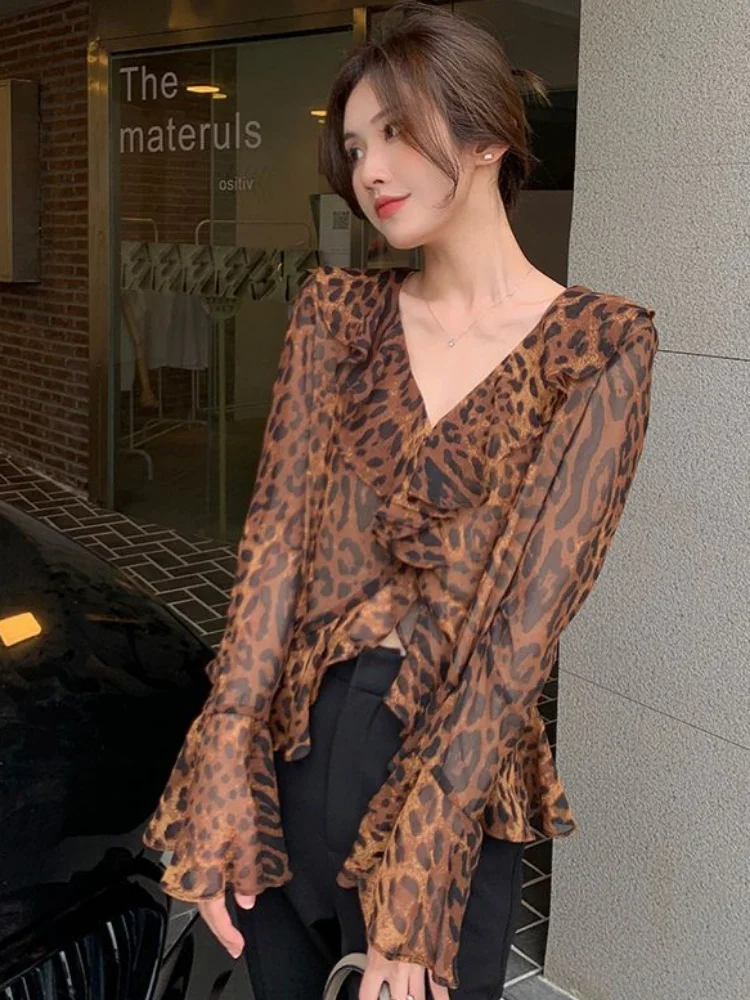 Leopard Blouses Women Ruffles Vintage Flare Sleeve Summer Sun-proof Ladies Temperament Slim Fashion Ulzzang Korean Style Chic